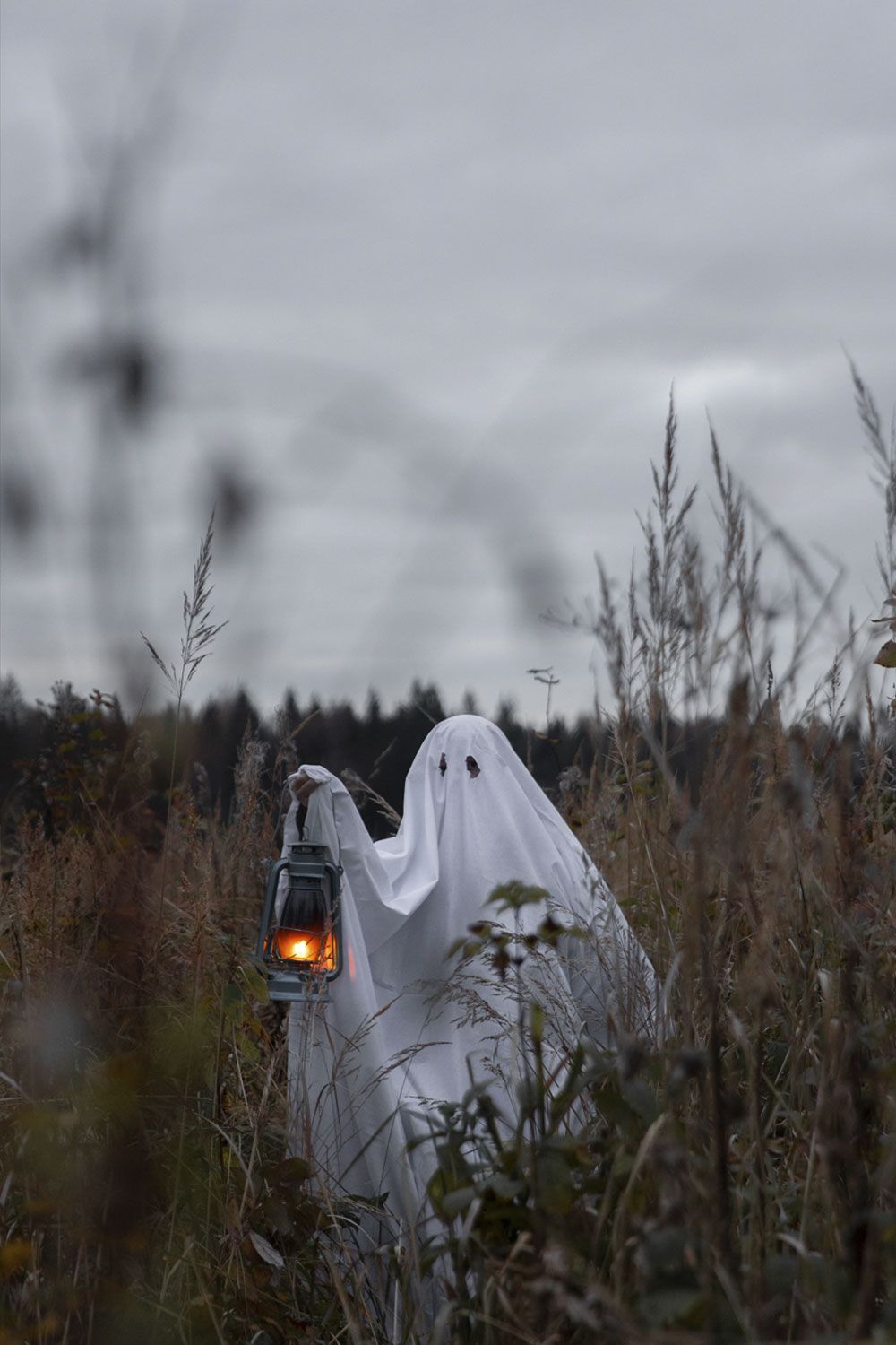 Ghost fancy dress in a field holding a lantern