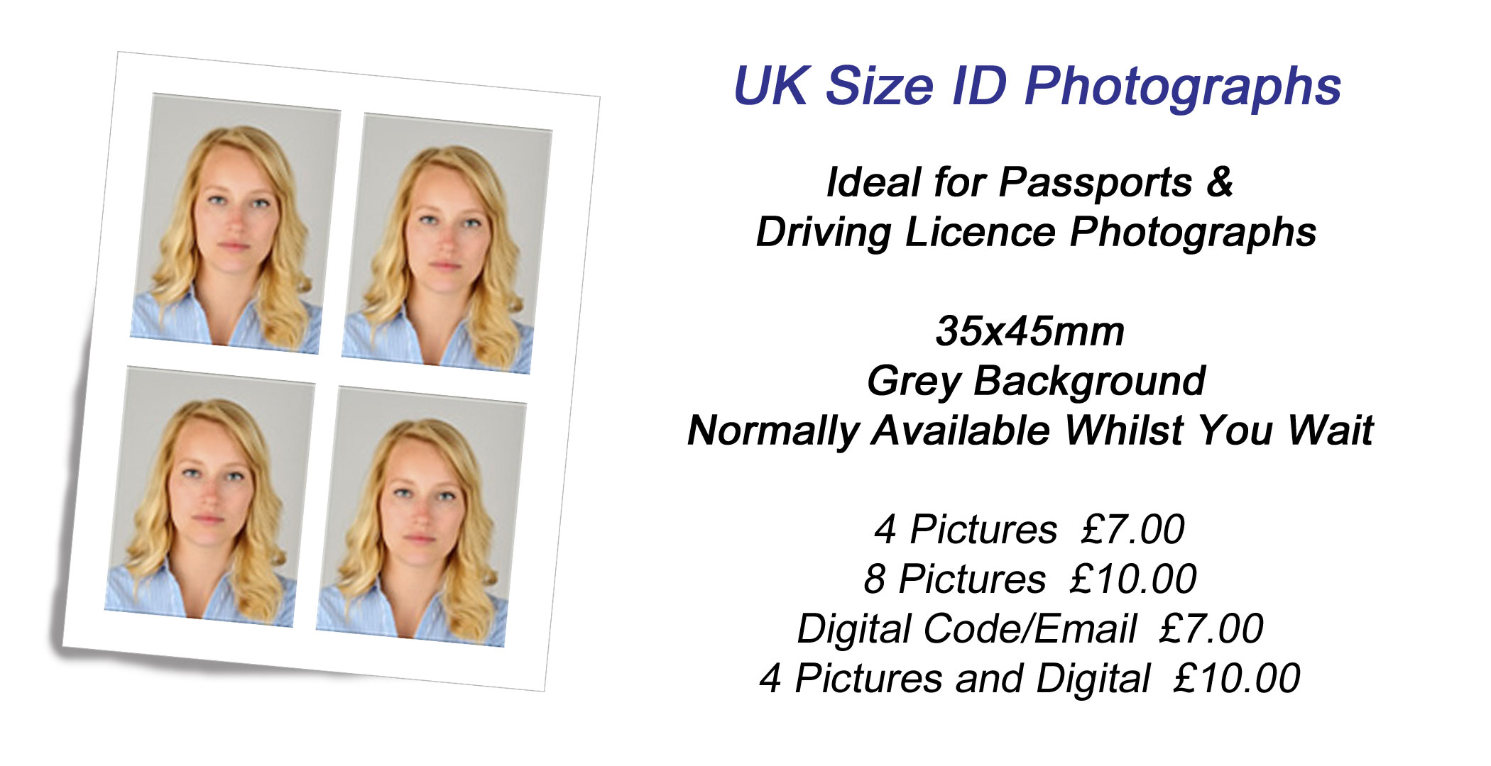 UK Size ID Photographs. Ideal for Passport and Driving Licence. 35x45mm, Grey Background.